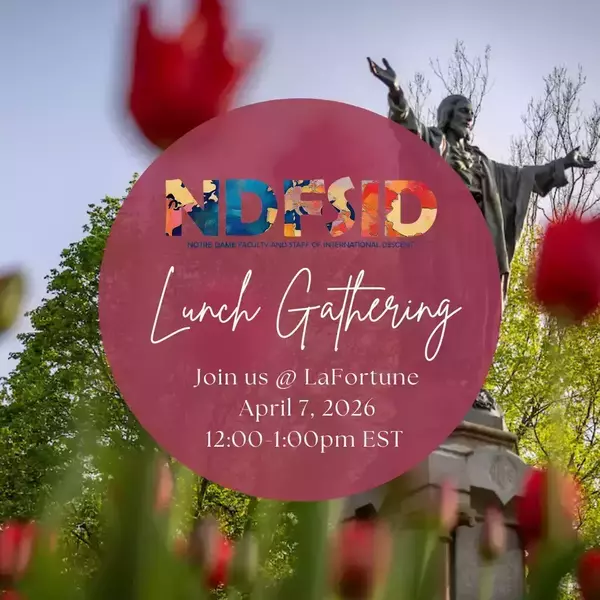Lunch gathering announcement for NDFSID with sacred heart Jesus in the background and wine colored lettering